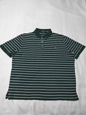 Polo by Ralph Lauren Forest Green and White Striped Polo Shirt Sz L Mens.
